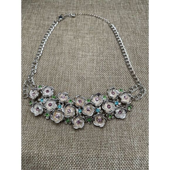 Retro Chunky Rainbow Glass diamanté choker necklace Floral Spring Summer - Picture 7 of 7